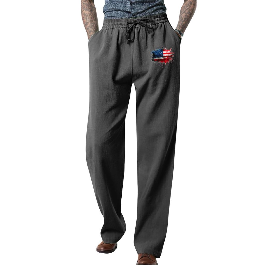 Men's Loose Casual Color Cotton Linen Trousers Elastic Tie Printed Straight Pants