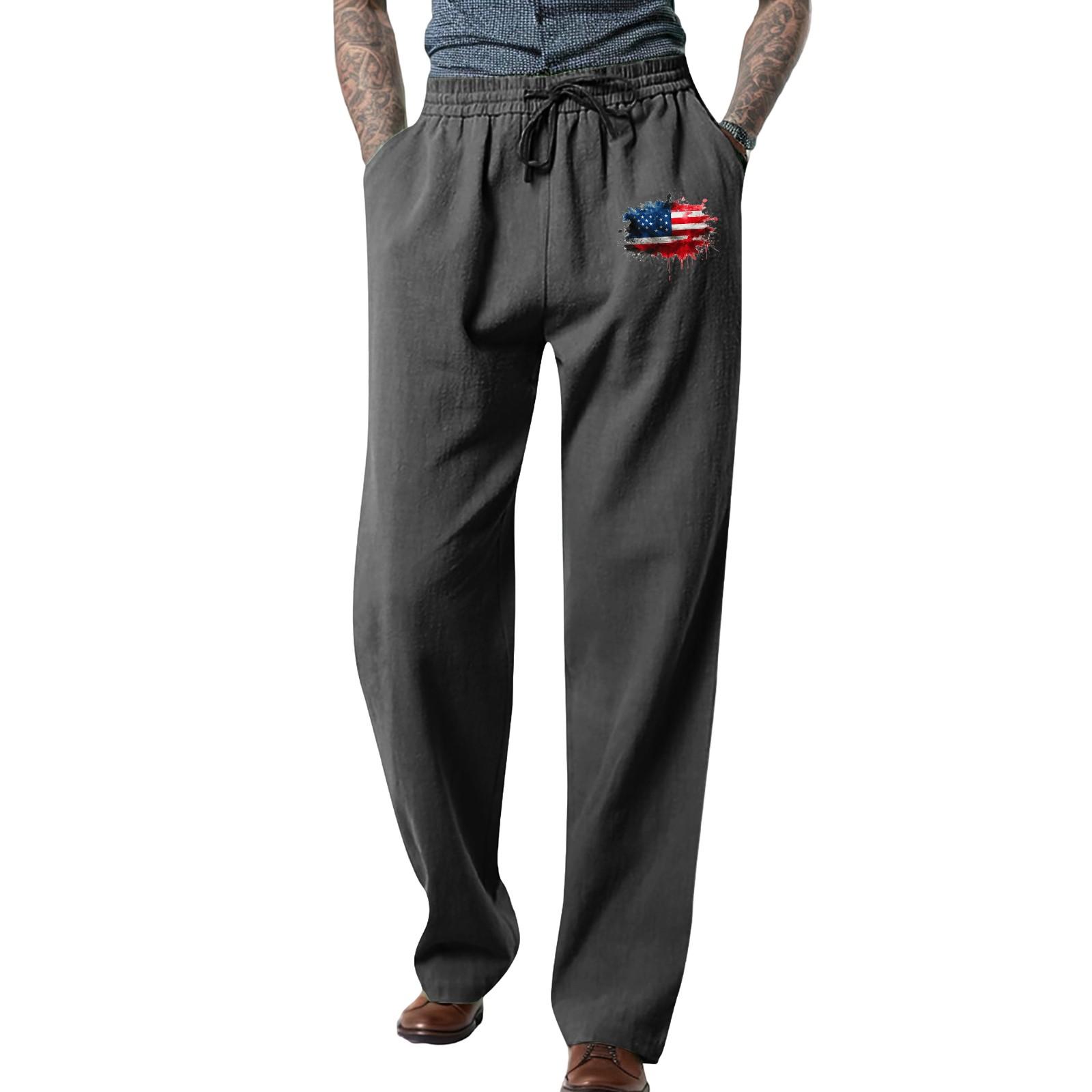 

Men s Loose Casual Solid Color Cotton Linen Trousers Elastic Tie Printed Straight Pants XXL
