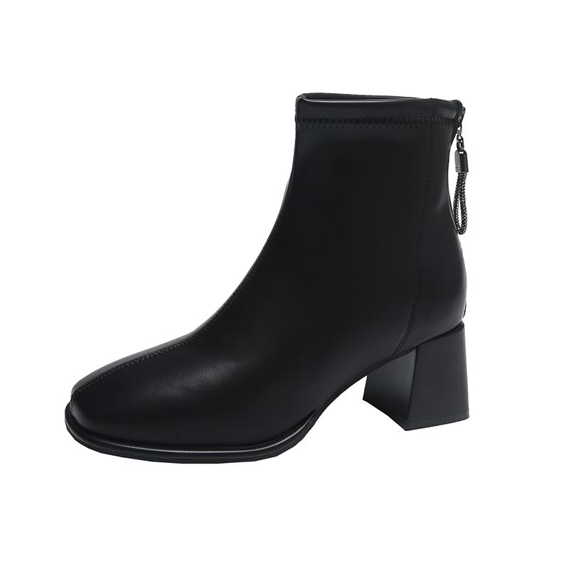 Fashion Block Heel Single Boots Women's Fashion Square Toe Spliced Rear Zipper Anti-Slip Wear-Resistant High Heel Shorthole Boots