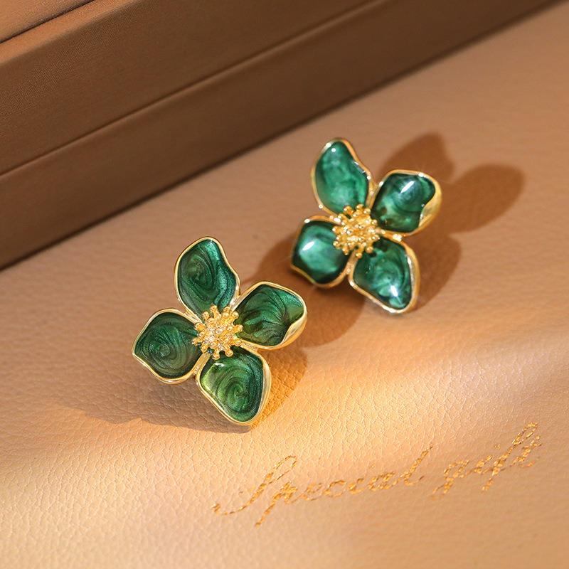 Vintage Green Flower Earrings For Women Korean Vintage Zircon Boho Wedding Stud Earrings Pendientes