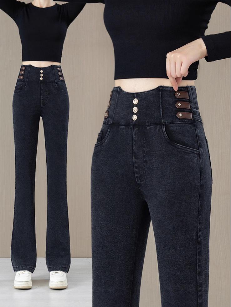 High Waist Velvet-Lined Denim Flare Pants for Women - Slimming, Elastic, and Warm Nine-Point Length