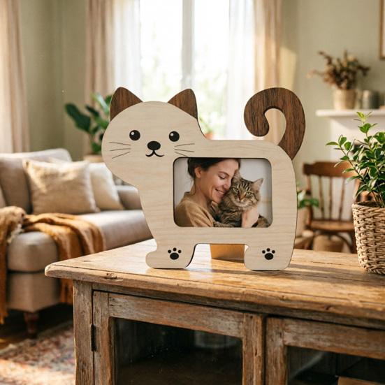 1/2 Stück Cartoon Katze Holz Fotorahmen Hund Form Bildhalter Dekoration für Zuhause Büro Schreibtisch Tierliebhaber Geschenk