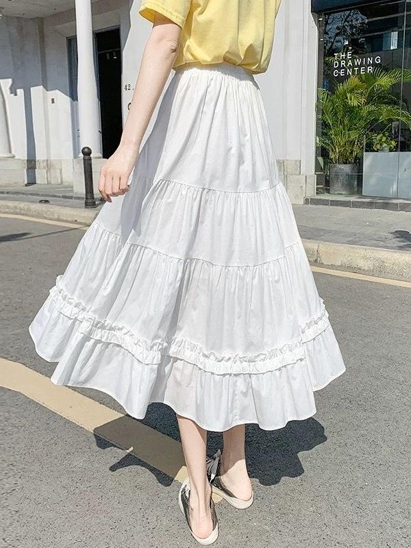 Spring 2025 Sweet Korean High Waist White Lace Midi A-line Skirt