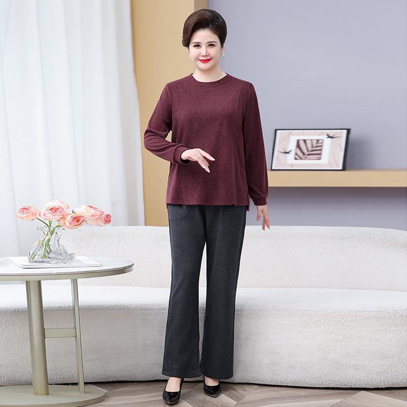 Fat Mama Wear Plus Velvet Long Sleeve T-Shirt Set for Middle-Aged and Elderly Women - Autumn/Winter Plus Size Base Layer