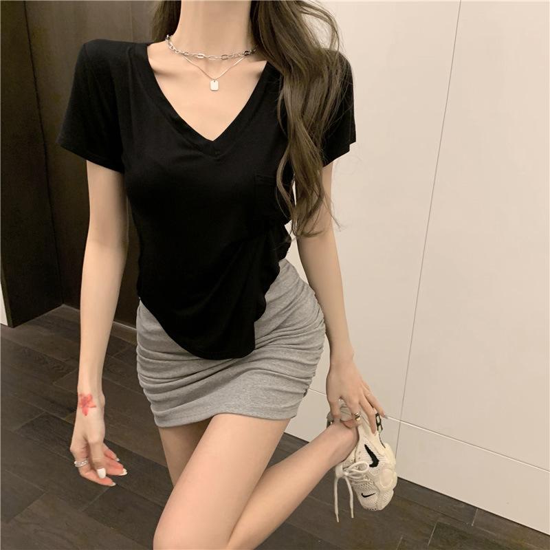 Modal V-neck Short-sleeved Women's T-shirt New Summer T-shirt Korean Style Loose Slimming Irregular Top