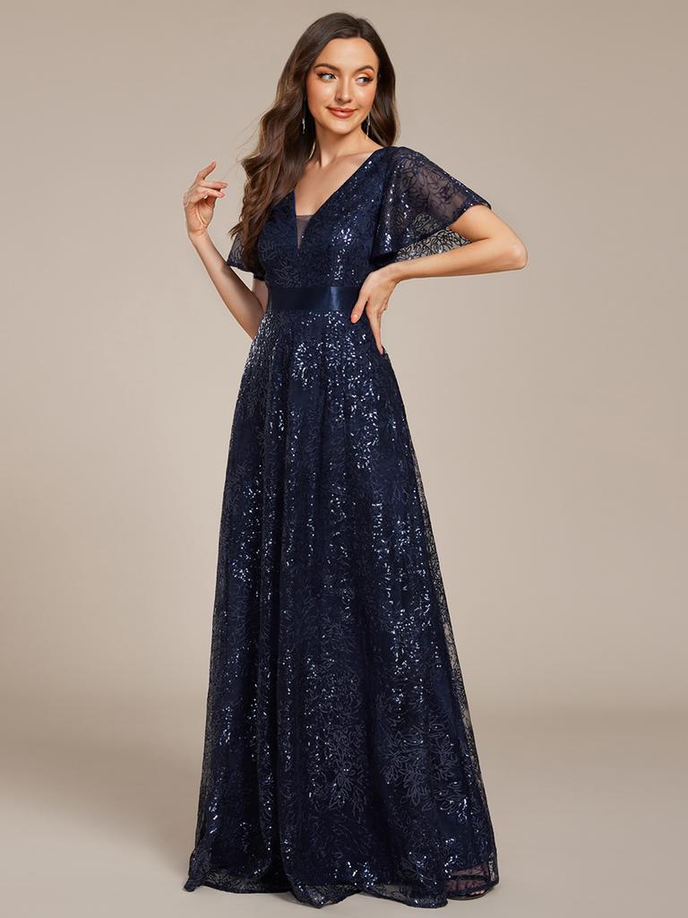 Ever-Pretty Damen Exquisite Illusion V-Ausschnitt Pailletten Stickerei Maxi Abendkleider mit Rüschen Ärmel