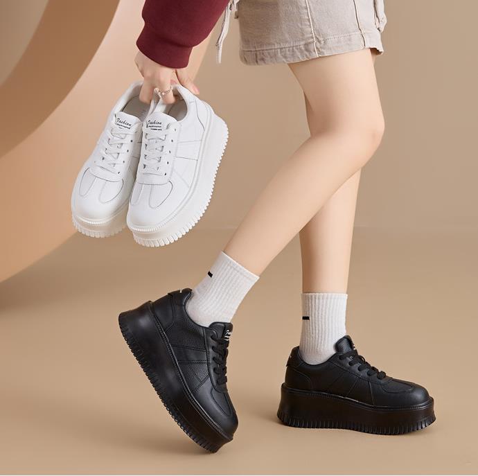 Fashion 6CM Genuine Leather Women's Casual Thick Bottom Sneakers Spring Style Versatile Student Fashionable Board Shoes Upper Lace-Up