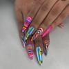 24-Piece Long Almond Nail Tips, European-American Color Block Spiral Design Manicure Set.