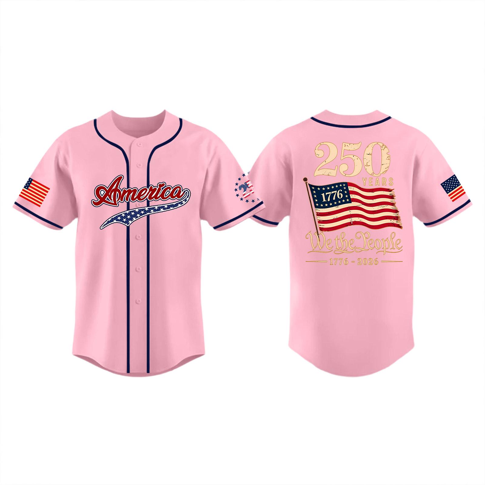 Unisex Baseballtrikot Hemd mit Knöpfen, Flaggen-Aufnäher und 250 Jahre Aufdruck, Kurzarm-Oberteil für Erwachsene, Sportbekleidung XL rosa