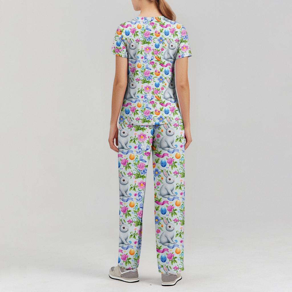 Women's Printed Uniform Work Uniform V-Neck Pocket Protective Work Uniform