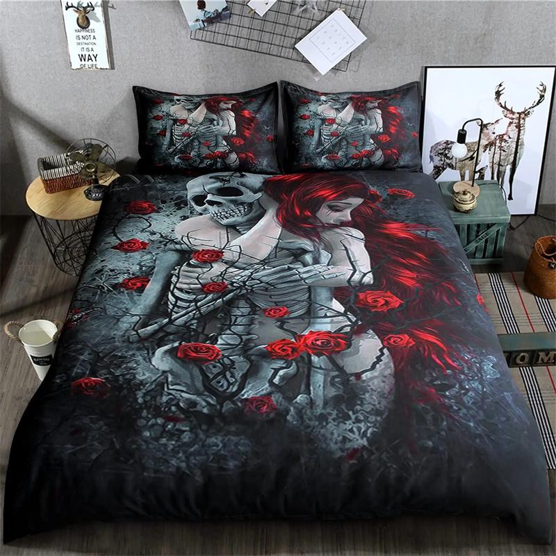 Bettbezug mit Rosen-Totenkopf-Motiv zum Valentinstag, King-Size-Bett, 3D-Totenkopf-Druck, Bettbezug, 3-teilig, Bettbezug für Verliebte, Geschenke für Erwachsene