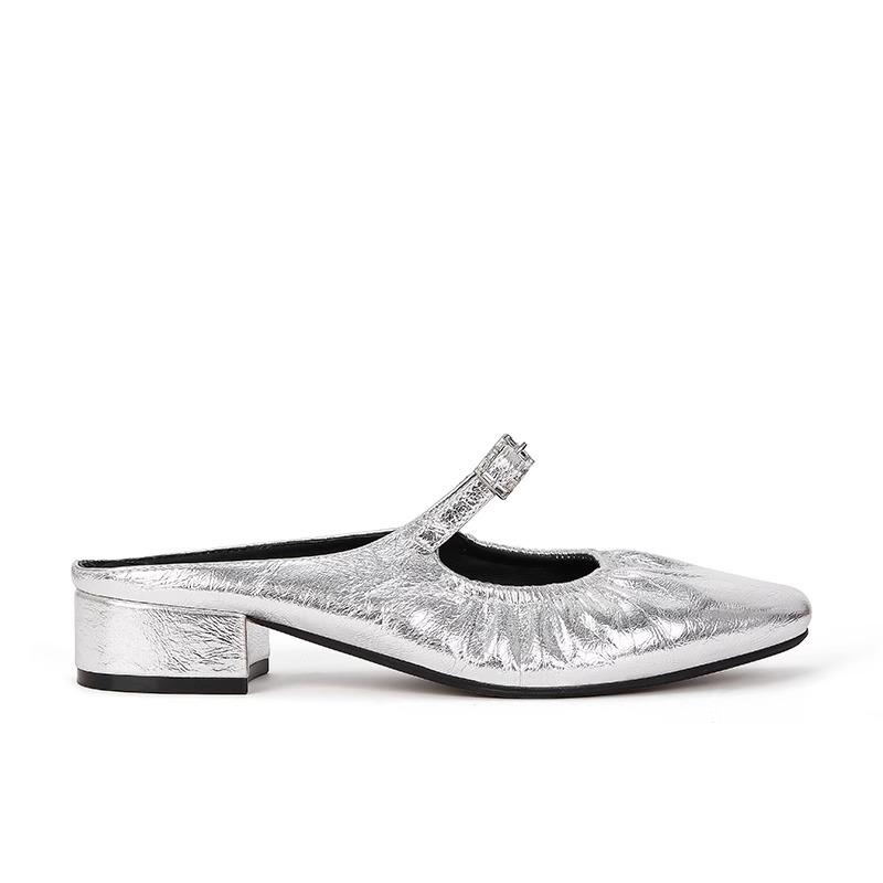 Sheepskin version~ Square head lambskin pleated bag head thick heel slippers women's half drag wear cool slippers