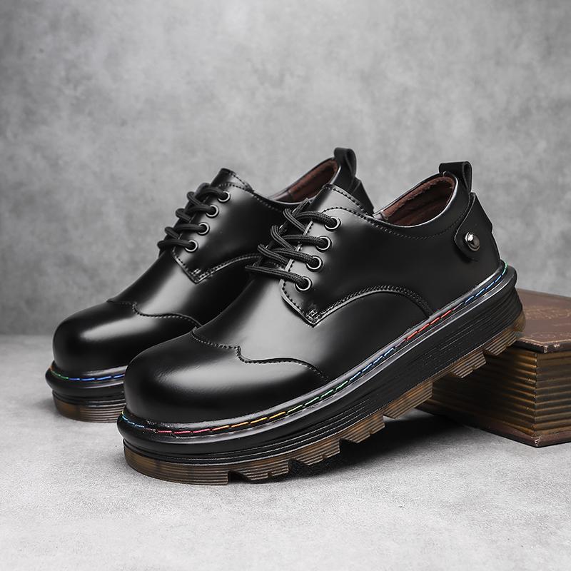 Large Size Round Toe Leather Shoes Men's Thick Soled Fashionable Low Top Casual Shoes