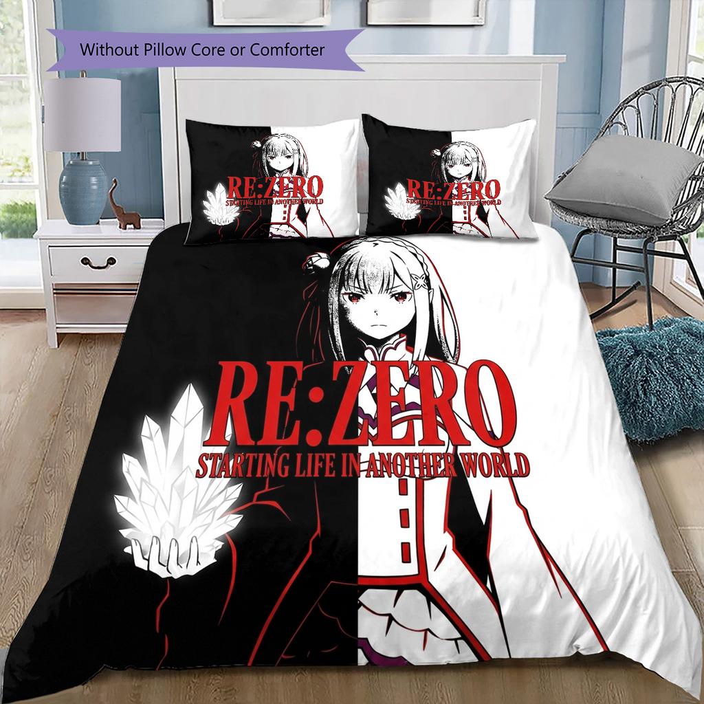 Re Zero Pattern Bedding Quilt Set Quilt Cover Pillowcase Home Birthday Gift(1 * Duvet Cover + 2 * Pillowcase, Without Core)