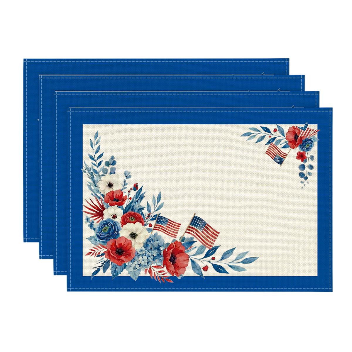 

Blue Border Flag Flowers 4th of July Placemats Set of 4, 12x18 Inch Patriotic Memorial Day Table Mats for Party Kitchen Dining Decoration 12 x 18 , Rectangular 4 Pcs