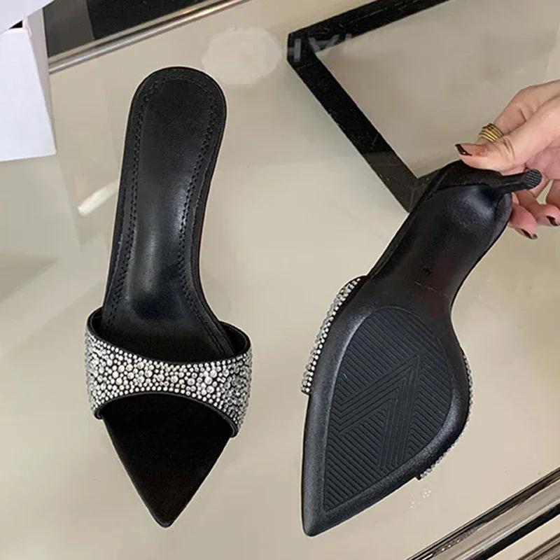 Модные сексуальные туфли на высоком каблуке с острым носком и леопардовым принтом, женские летние босоножки со стразами и кристаллами, туфли на выпускной, мюли, шлепанцы