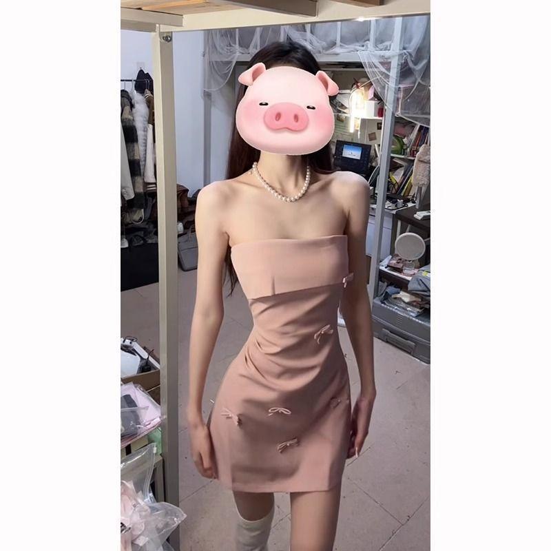 Pure desire style pink three-dimensional bow tube top dress women's autumn and winter sexy small fragrant style thin waist birthday dress