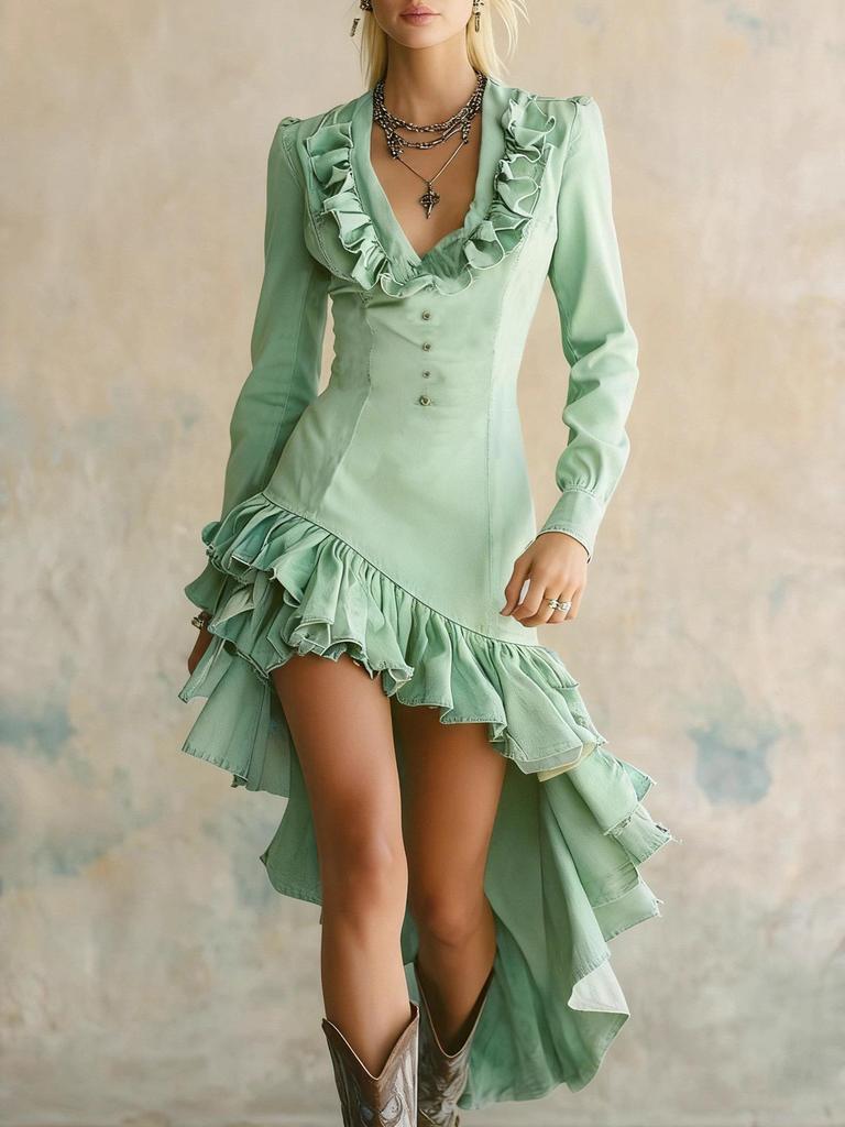 Women's Retro Elegant V-Neck Ruffle Dress - Casual Western Pastoral Style, Solid Color