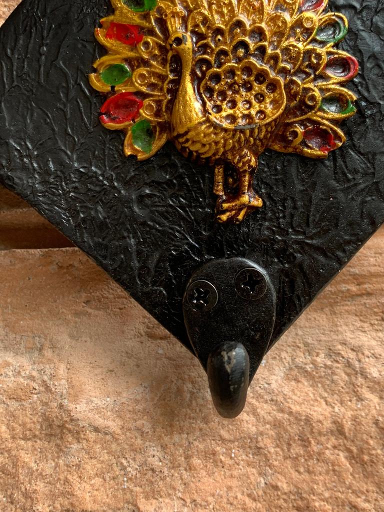 Hand Painted Wooden Peacock Wall Hooks: Black & White Decor
