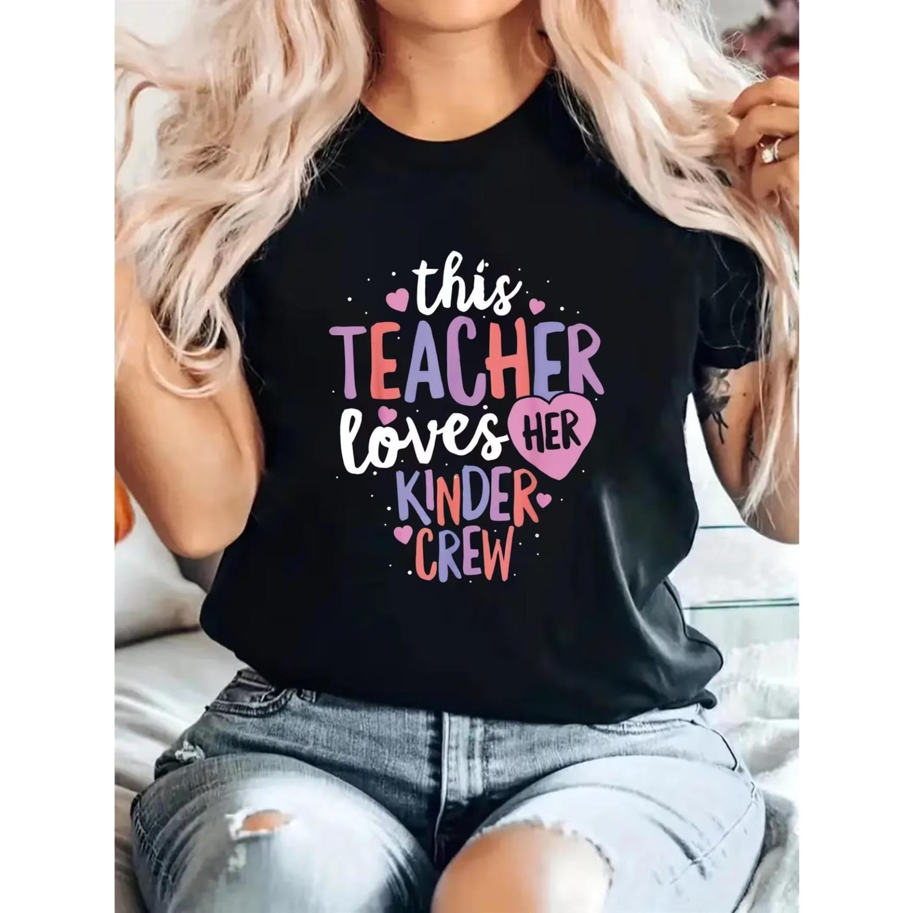 

Women s Kindergarten Teacher Valentine s Day T-Shirt - This Teacher Loves Her Kindergarten Crew Graphic with Hearts XXL