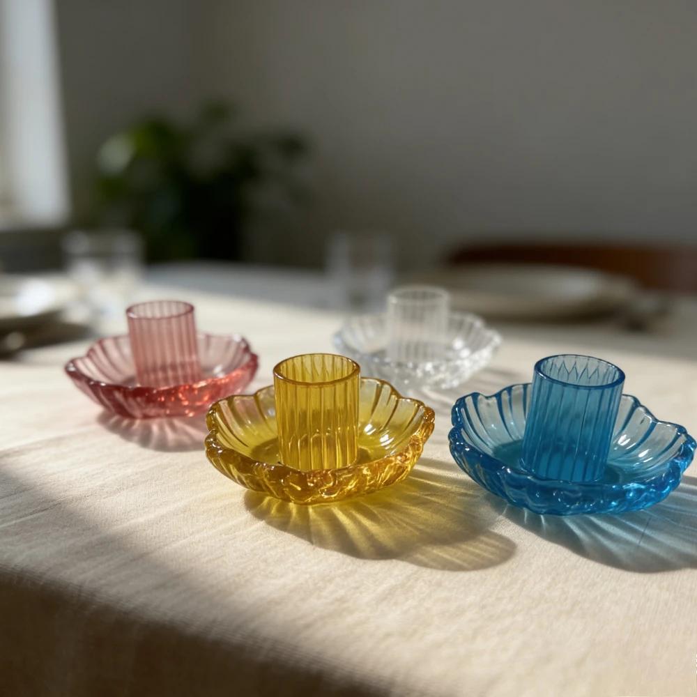4PCS/Set Creative Coloful Glass Candlestick Lotus Glass Candle Holder Modern Romantic Home Decorative Wedding Dinner Party Decor