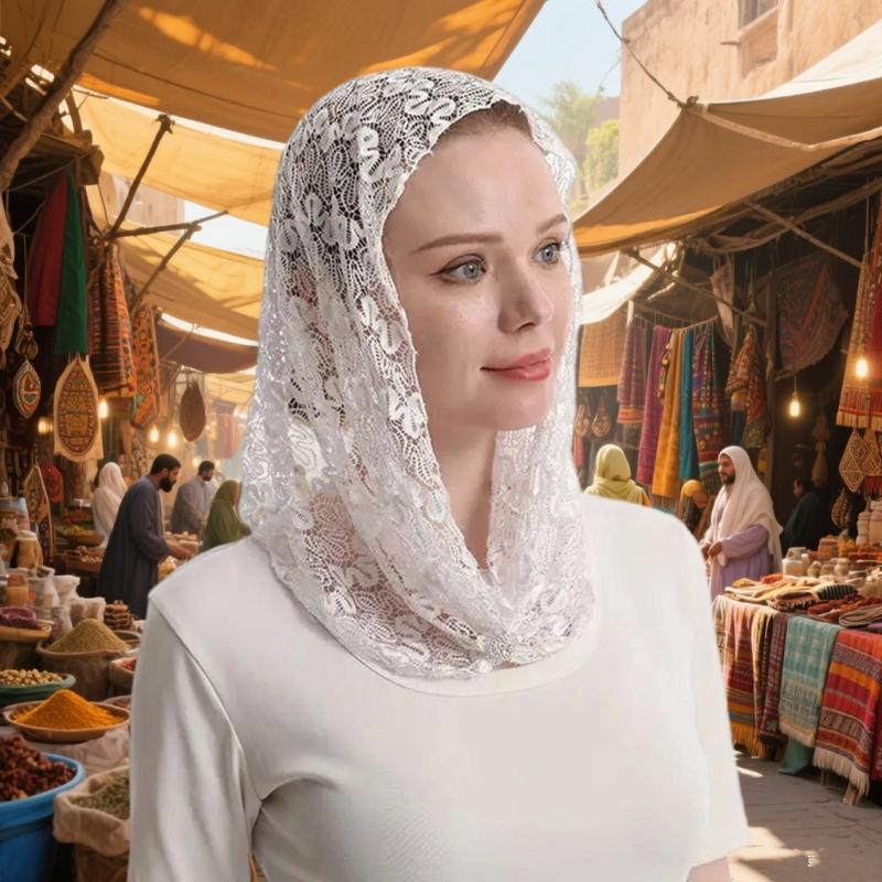 Lace Trimmed Headscarf Breathable Scarf For Women Lightweight Polyester Daily Wear And Outside Use