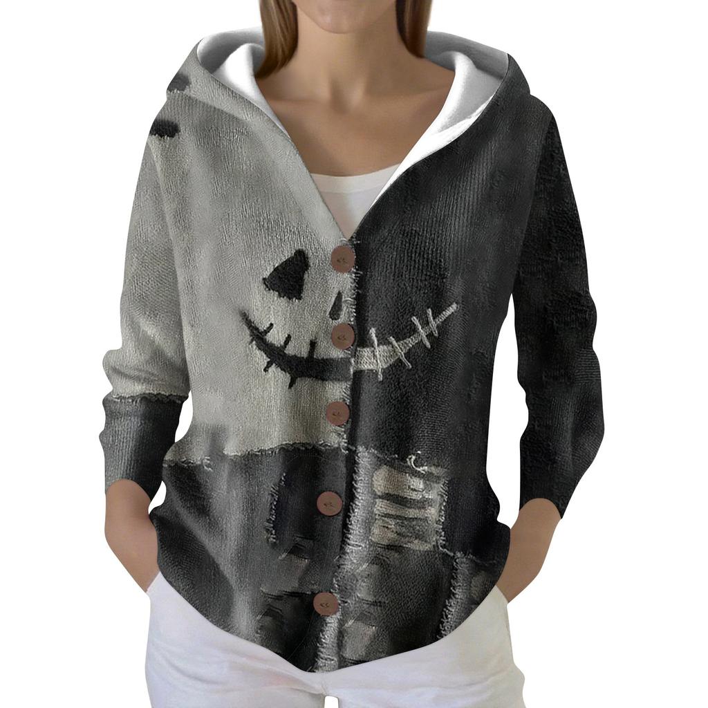 Mote for kvinner, avslappet genser, knappestrikkejakke med trykk, hettejakke