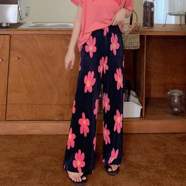 

WTEMPO Большие размеры эластичные брюки с высокой талией и принтом, широкие брюки женские, весна-осень, повседневные, универсальные, свободные, прямые брюки XL розовый