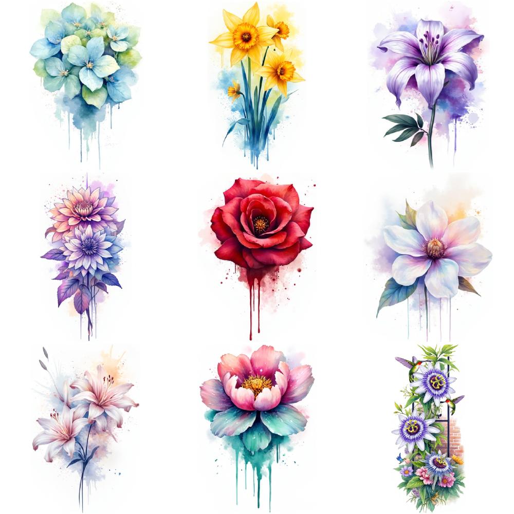 9pcs Temporary Tattoo Watercolor Wisteria Arch Sunflower Pine Tree For Chest Children Arms