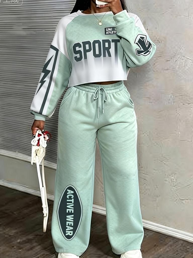 Retro americano, tuta sportiva con lettere per donna, maniche a spalla, maglione corto + pantaloni della tuta, set casual due pezzi.
