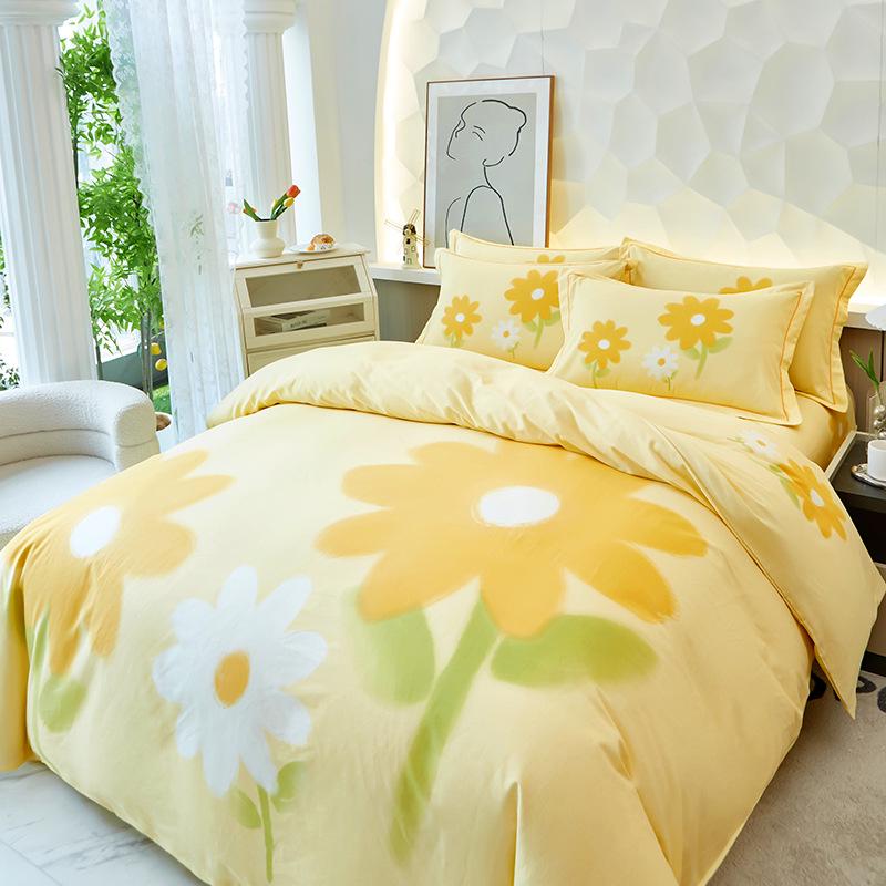 Pastoral Cotton Duvet Cover Set: Men's & Women's All-Season 4-Piece Bedding with Bed and Fitted Sheets