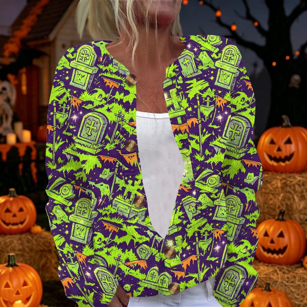 Women's Halloween Print Long Sleeve Knit Cardigan Button Front Sweater Coat Lightweight Casual Outerwear for Fall and Winter