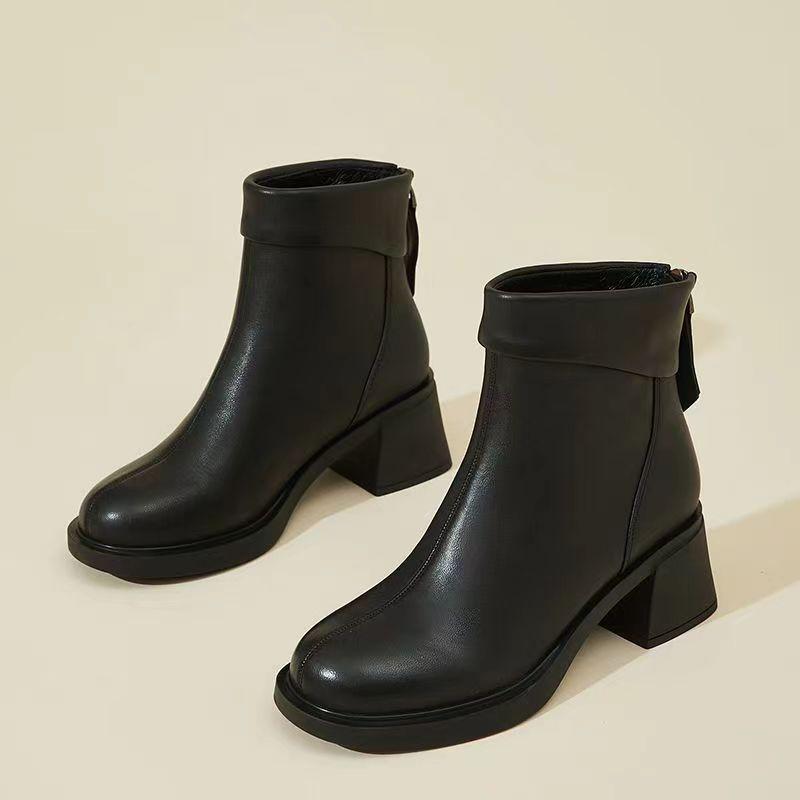 

Кожаные короткие ботильоны женская обувь новые толстый каблук тонкие ботильоны осенне-зимние бархатные модные ботинки 40