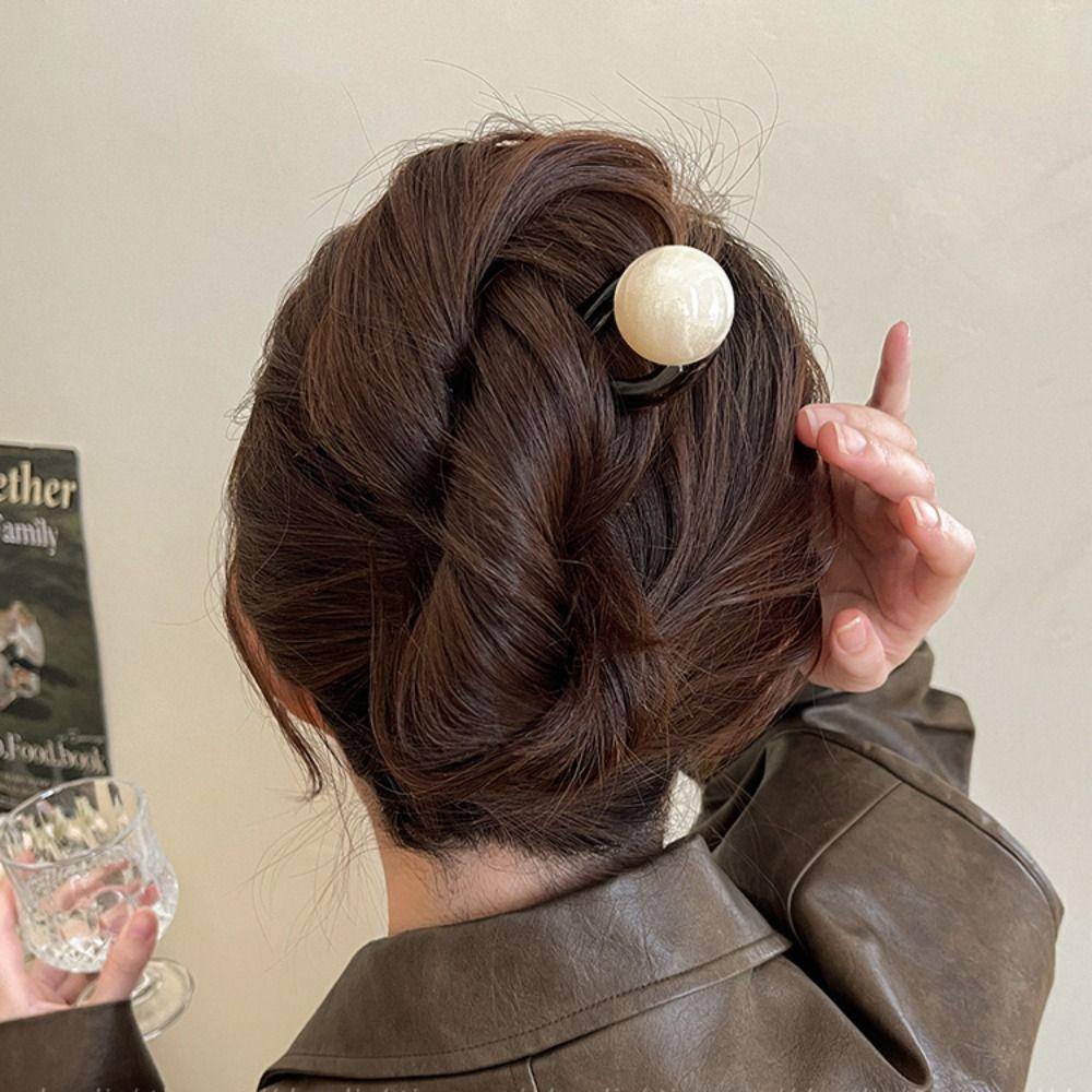 Korean Style Bead Hair Stick Acrylic Pan Hair Fork Elegant U-shaped Hairpin Girls