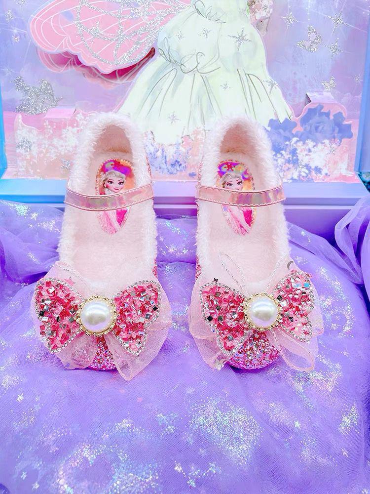 Elsa Princess Crystal High-Heeled Furry Velvet Children's Shoes - 2024 Autumn/Winter Collection