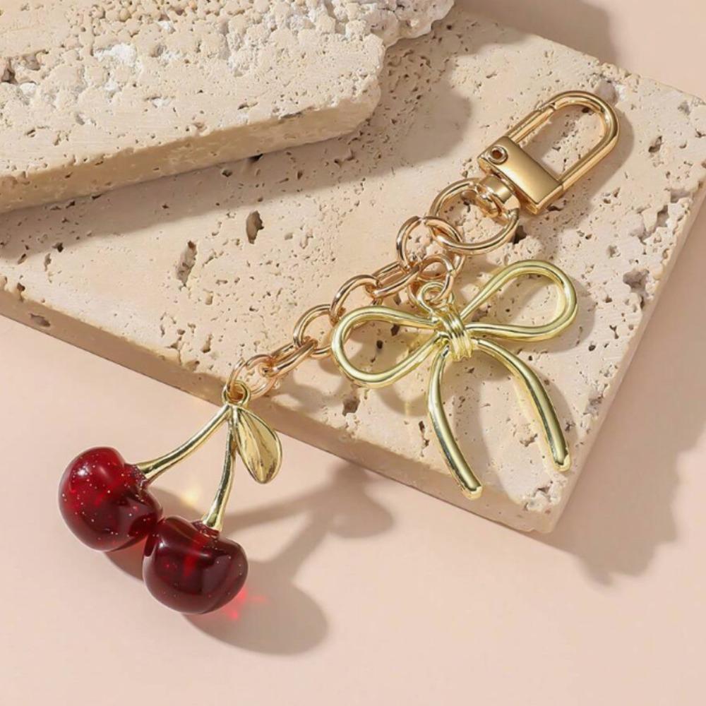Fashion Delicious Red Cherry Bow Keychain Summer Fruits Cherries Pendant Keyring For Women Men Jewelry Bag Accessories Gift