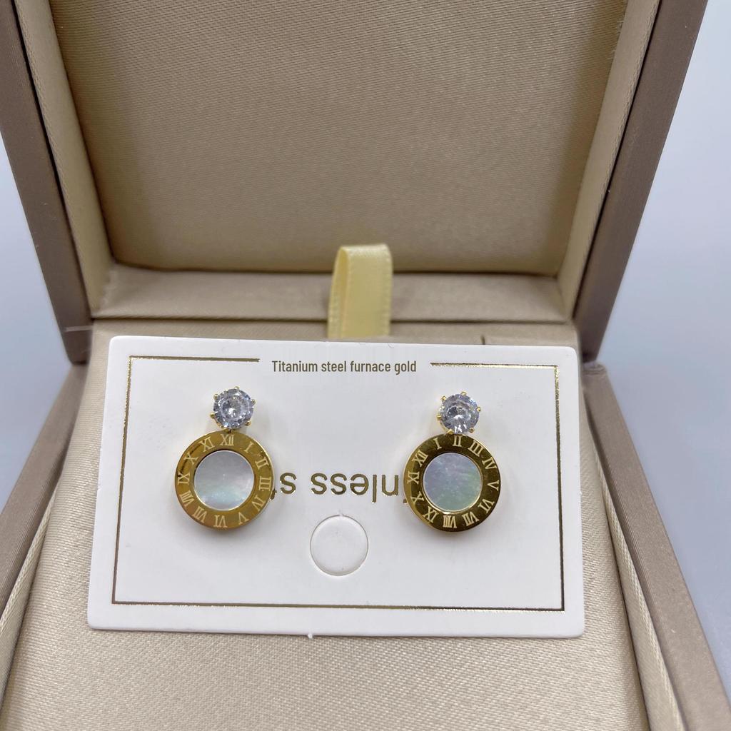 Black Rhinestone Round Stud Earrings, Rose Gold-Plated Titanium Steel, Simple Korean Style Women's Jewelry
