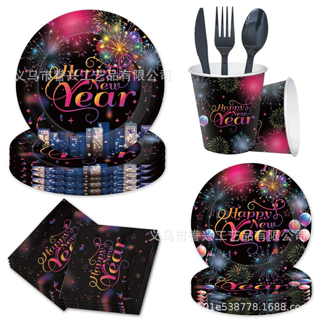 New Year Theme Party Tableware Paper Plates Tissue Supplies Colored Fireworks New Year Disposable Party