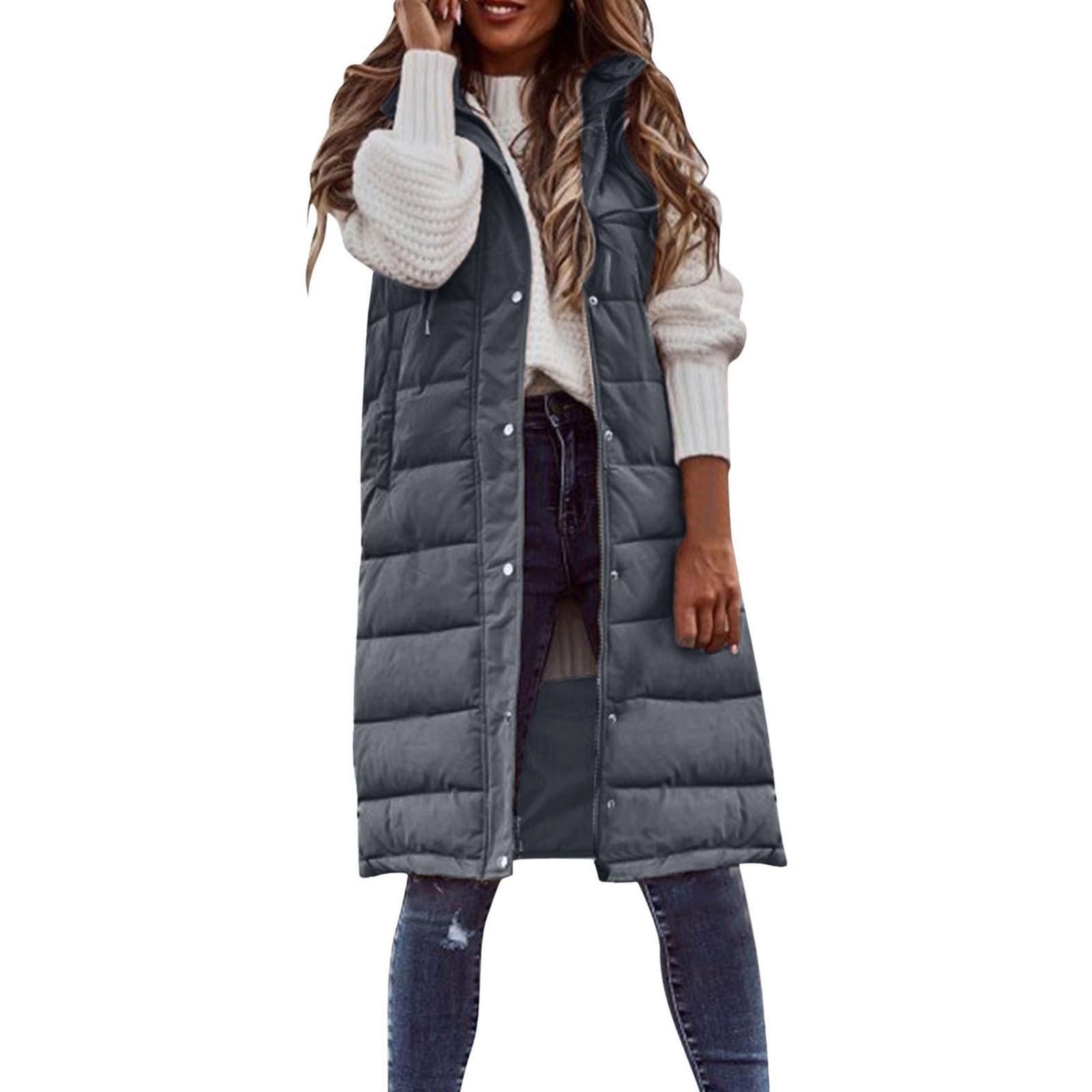 

Chic Sleeveless Hooded Coat Warm Button FrontLongLength Versatile Fashion for Women XXL сірий