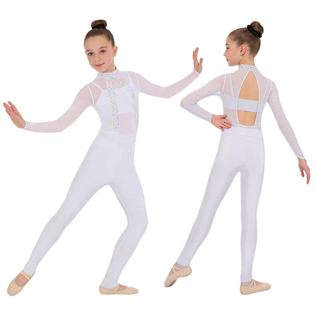 Kids Girls Performance Leotard with Sparkly Rhinestones & Mesh Bodice: Mock Neck Long Sleeve Cutout Back, Plus Matching Camisole, Leggings & Hairband