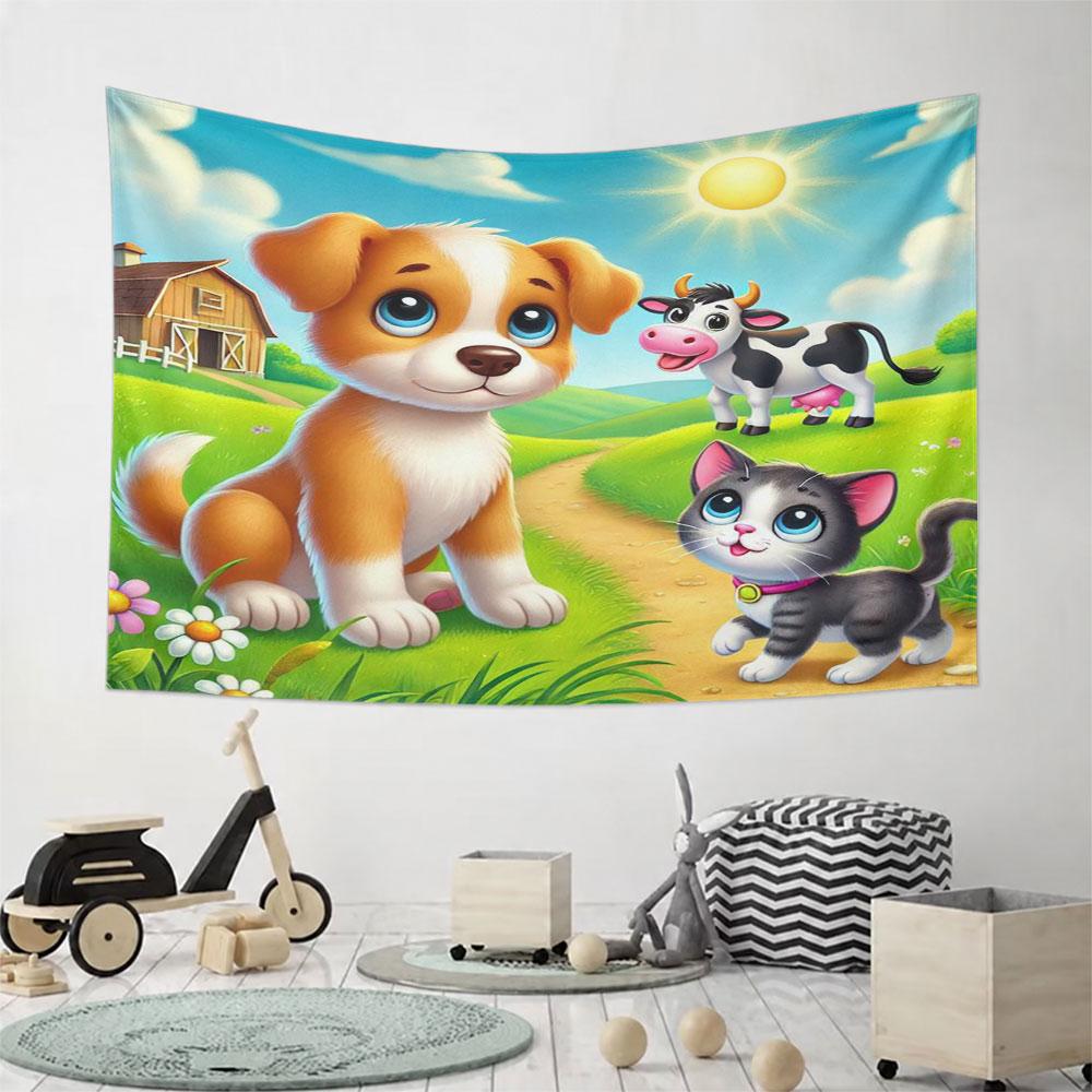 Cute Farm Animals with Dog, Cat, and Cow Pattern Wall Hanging Tapestry Decorative Tapestry Home Decor for Bedroom and Living Room