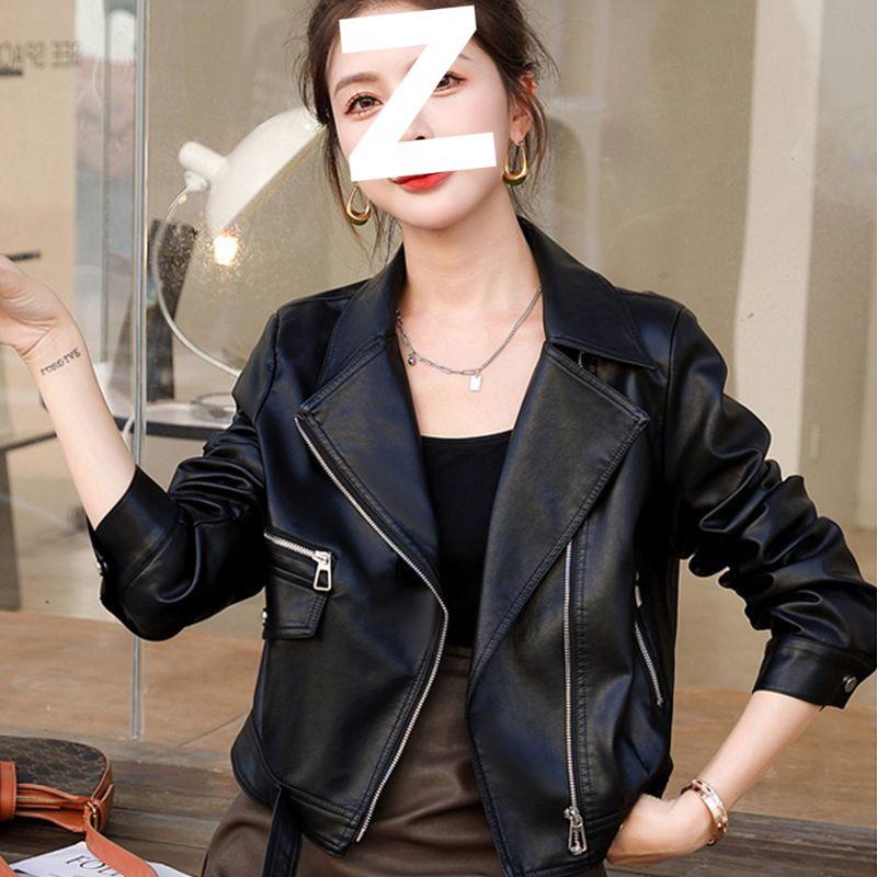 2025 Women's Petite PU Leather Short Motorcycle Jacket, Spring/Autumn Casual Style with Suit Collar.