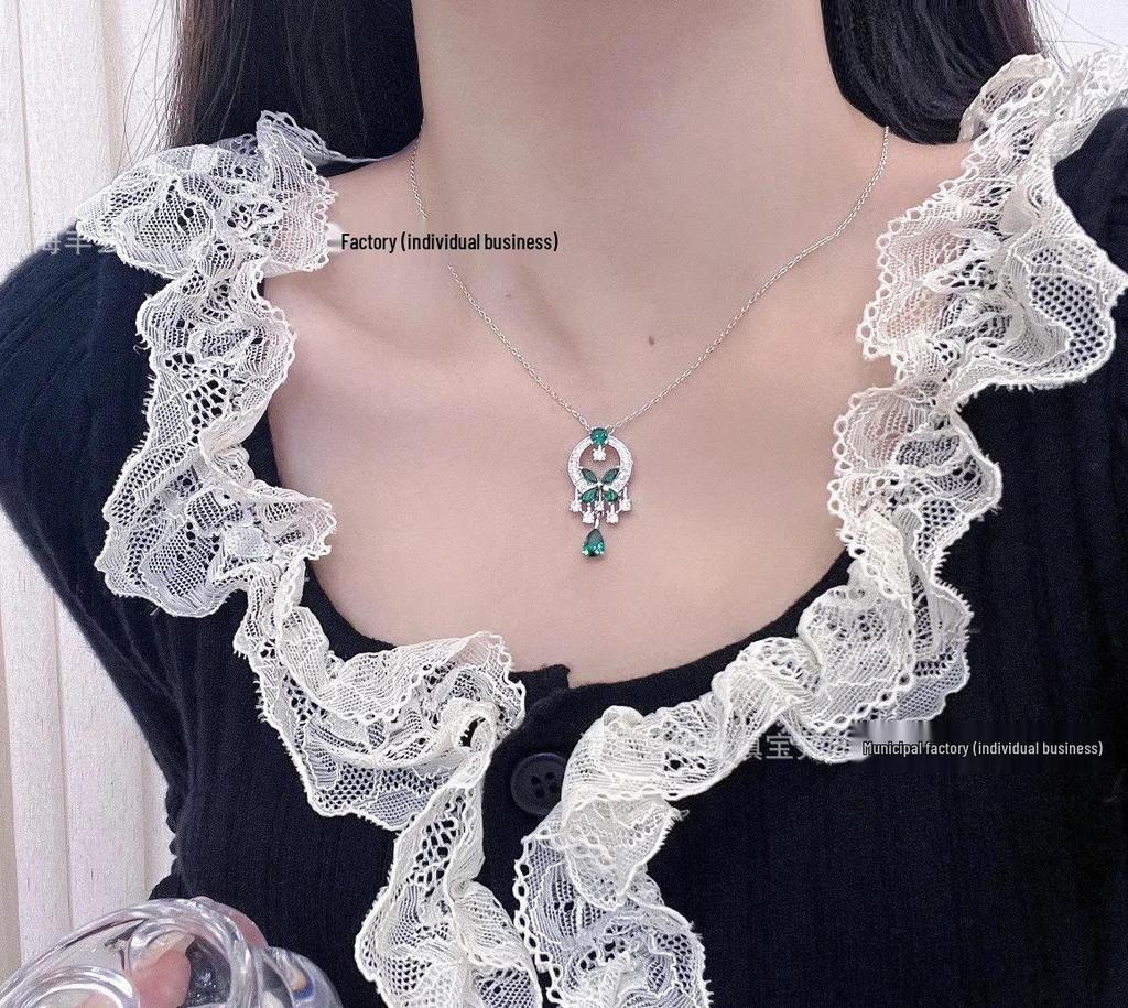 European and American Tassel Diamond Butterfly Teardrop Pendant Necklace - Women's Luxury High-End Clavicle Jewelry