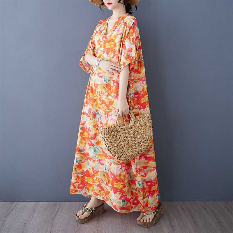 

Летний цвет Путешествия Ретро Длинная юбка Хлопково-льняное платье One size