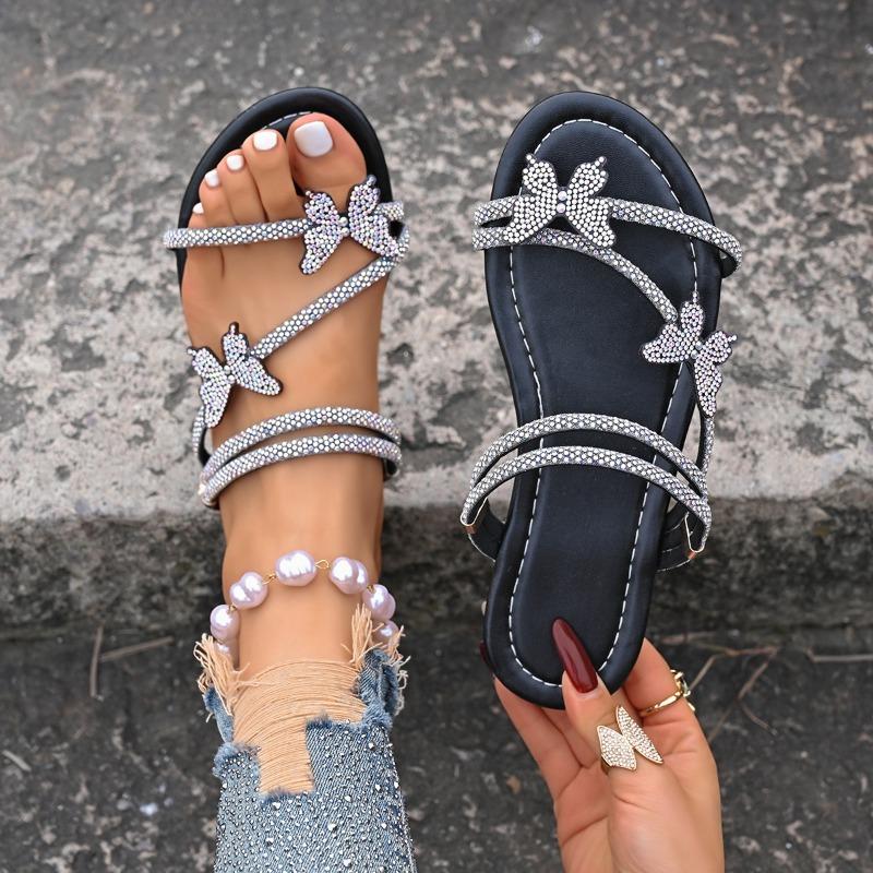 Summer New Fashion Two-wear Cool Slippers Flat-bottomed Rhinestone Butterfly Open-toed Slippers Women's Outer Wear