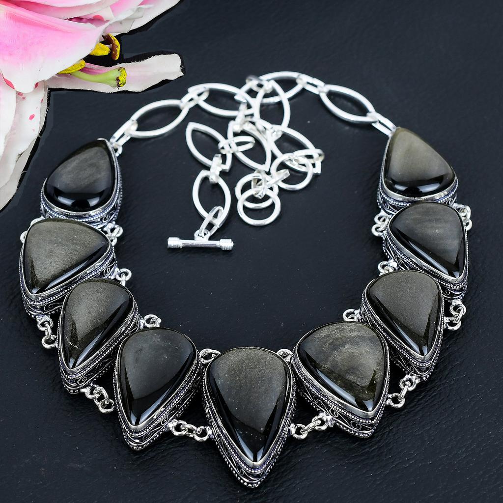 Silver Sheen Obsidian Gemstone 925 Sterling Silver Jewelry Necklace 18" KG-1652