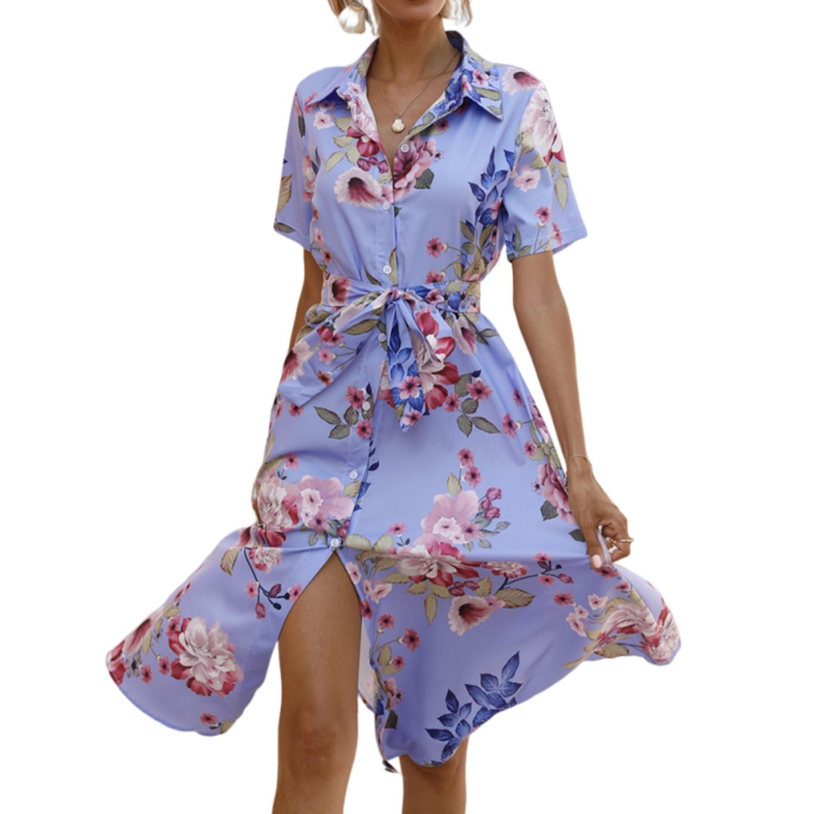 

Женские платья Повседневные Элегантные Платья-рубашки с лацканами на пуговицах с коротким рукавом XL фиолетовый