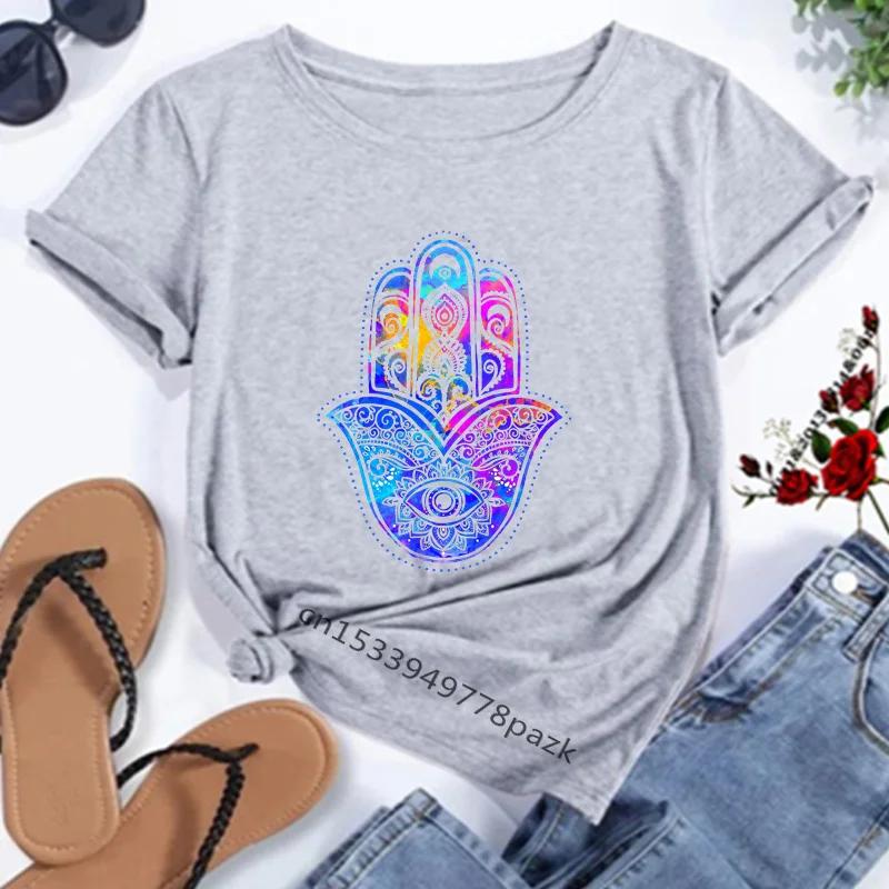 Camisetas con estampado de la mano de Fátima de Hamasa para mujer, camisetas Unisex Harajuku de la mano de Hamsa de la suerte, camisetas negras de manga corta para verano para mujer