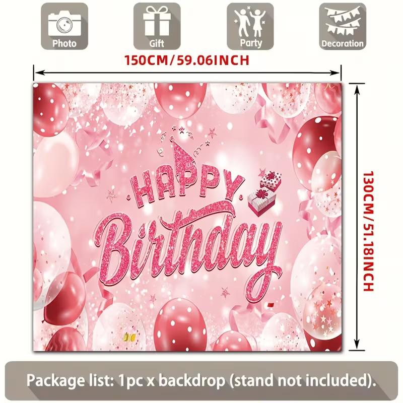 2D Pink Glitter Happy Birthday Backdrop with Polka Dot Balloons Photo Booth Banner