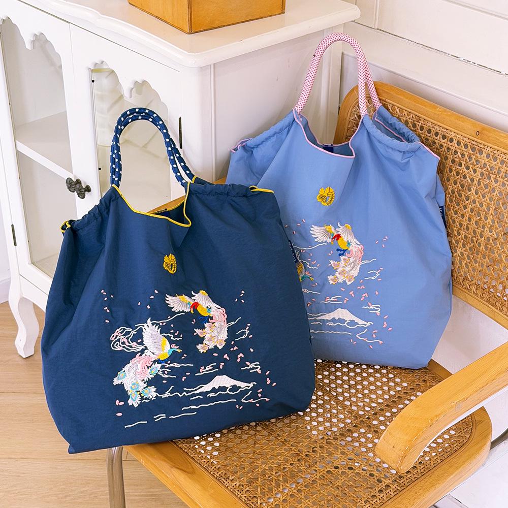 Japanese Style Handmade Waterproof Nylon Canvas Bag with Embroidered Patterns, Large Capacity